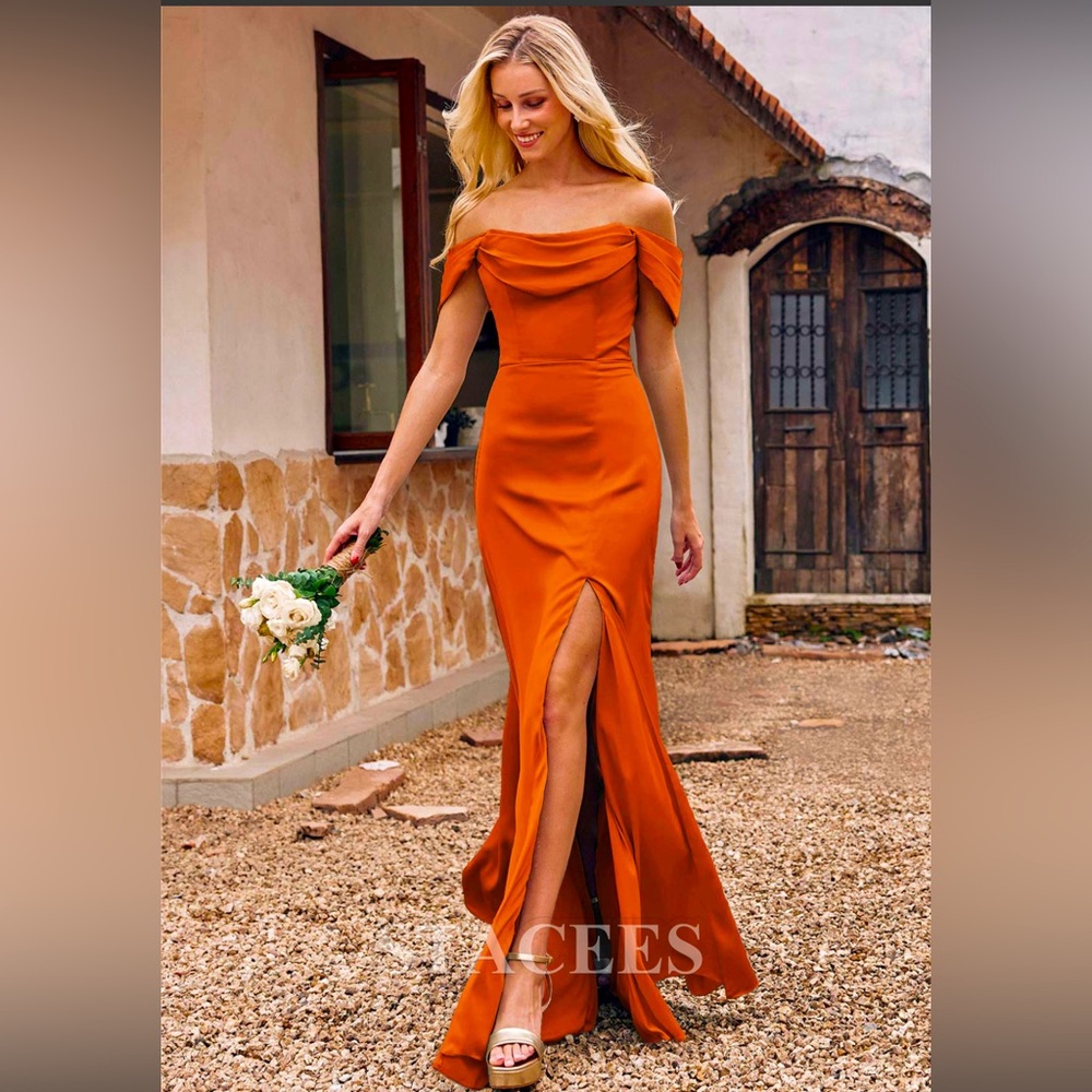 Orange wedding prom special occasion off the shoulder dress